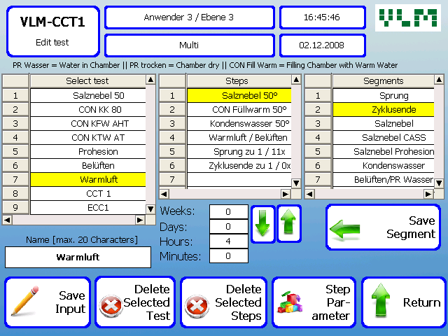 Hauptbildschirm für übersichtliche Menüführung Bildschirm zur Programmierung von Testabläufen ClimaCORR Prozesssteuerung Bedienungsfreundliche SPS-Steuerung (Beckhoff) mit Touch Panel.