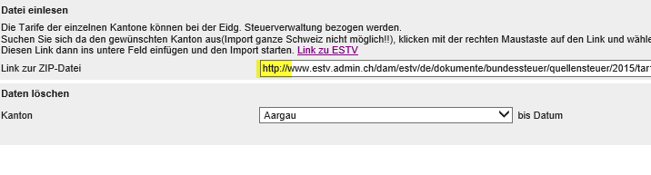 Tarife herunterladen und gewünschten Tarif über rechte Maustaste Verknüpfung kopieren auswählen Danach die kopierte Verknüpfung in Feld Link zur ZIP-Datei einsetzen (Ctrl V). Link https://www.estv.