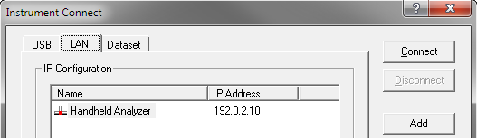 Verbindung zwischen dem R&S ZVH und einem PC Schaltfläche Add drücken, um eine neue Netzwerkverbindung einzurichten. Einen Namen für die neue Netzwerkverbindung eingeben, z. B. R&S ZVH. IP-Adresse des R&S ZVH eingeben (in diesem Fall 192.
