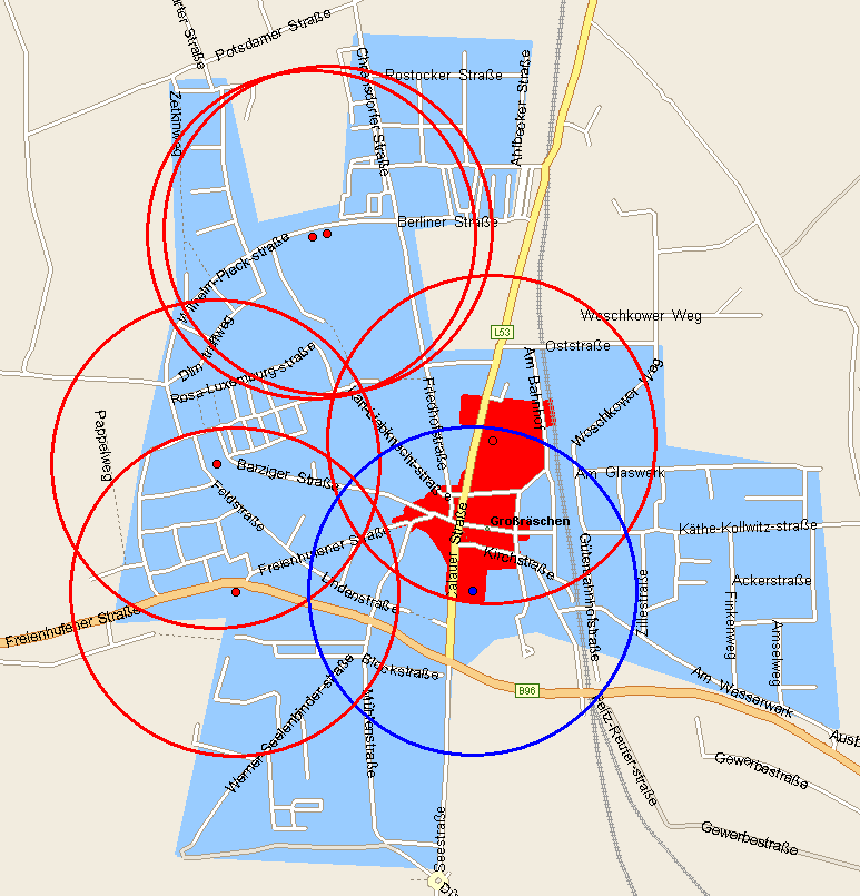 Einzelhandels- und Zentrenkonzept Stadt Großräschen Bei einem Radius, der einer fußläufigen Distanz von ca. 500 m entspricht, ist die Nahversorgung im fast gesamten Stadtgebiet gewährleistet (s.