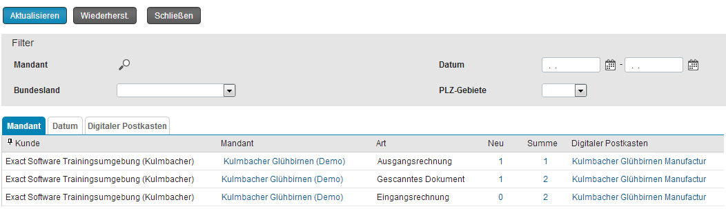 Aufgabe In den Aufgaben sehen Sie die Korrespondenz Ihrer Mandanten welche in deren Digitalen Postkästen eingegangen ist. Wenn Sie auf die den Namen des Postkastens bzw.