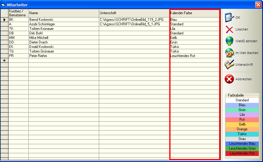 Mitarbeiter Farbverwaltung: Verwalten können Sie dies unter Stammdaten -> variable Voreinstellungen -> Mitarbeiter In der Spalte Kalender Farbe