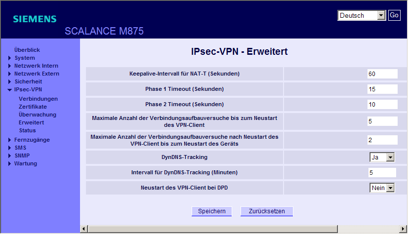 4.7 IPsec-VPN - Virtual Private Network Werkseinstellungen VPN-Überwachung verwenden: Nein Intervall für Verbindungsprüfung (Minuten): 5 Wartezeit bis zur Wiederholung: 1 Anzahl der erfolglosen 3
