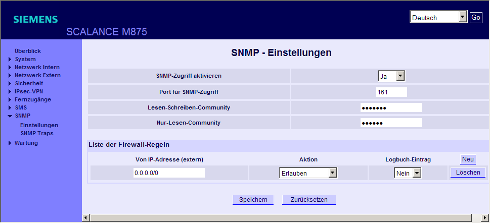 4.10 SNMP Angaben zur Geräteidentifikation IP-Adresse des externen Netzwerks PIN der SIM-Karte MAC-Adresse Netzwerkbetreiber APN IMSI IMEI CSQ-Wert ID der aktuellen Funkzelle ID der benachbarten