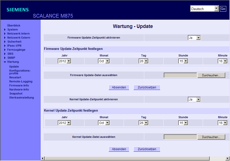 Wartung und Diagnose 5.2 Update - Aktualisieren der Firmware Aufruf der Webseite Wählen Sie in der Navigation "Wartung" > "Update".