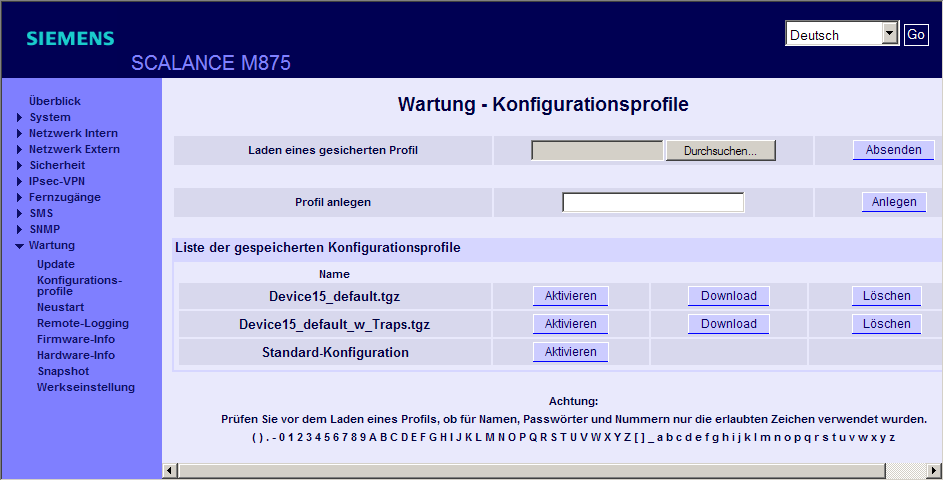 Wartung und Diagnose 5.3 Konfigurationsprofile Aufruf der Webseite Wählen Sie in der Navigation "Wartung" > "Konfigurationsprofile".
