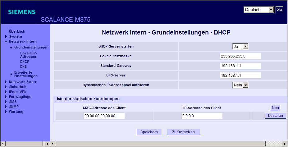 4.4 Netzwerk Intern Aufruf der Webseite Wählen Sie in der Navigation "Netzwerk Intern" > "Grundeinstellungen" > "DHCP" DHCP-Server starten 1.