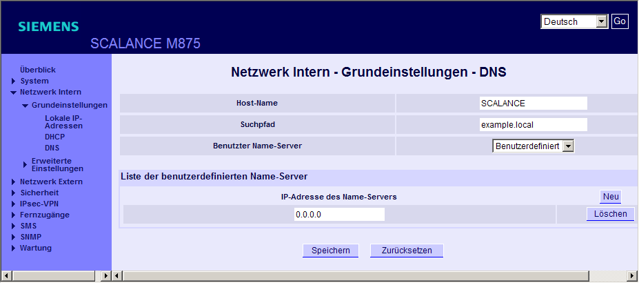 4.4 Netzwerk Intern Aufruf der Webseite Wählen Sie in der Navigation "Netzwerk Intern" > "Grundeinstellungen" > "DNS".