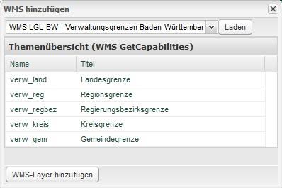 Im Menü WMS hinzufügen werden WMS-Dienste von verschiedenen Anbietern in Baden-Württemberg voreingestellt angeboten.