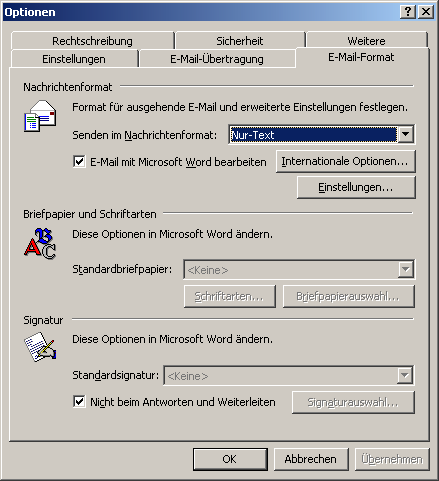 4. Outlook 2000/2003 (Mit Word als Editor) Im folgenden wird beschrieben, wie Sie eine Signatur für Ihren E-Mailclient unter Verwendung von Microsoft WORD anlegen.