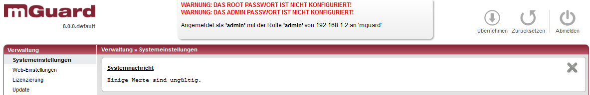 mguard 8.1 2.3 Eingabehilfe bei der Konfiguration (Systemnachrichten) Ab der Firmware 8.0 werden geänderte oder ungültige Einträge in der Web-Oberfläche farblich markiert. Ab Firmware 8.