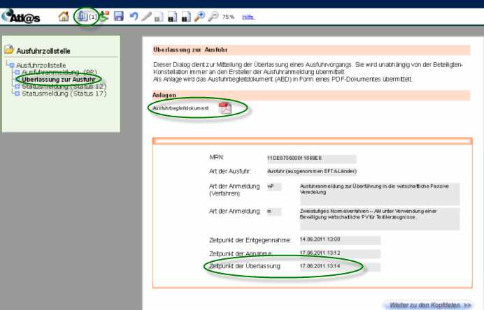 Wenn Sie im Verzeichnisbaum Überlassung zur Ausfuhr markiert haben, können Sie sich über das Symbol in der Navigationsleiste das Dokument Ausfuhrbegleitdokument.