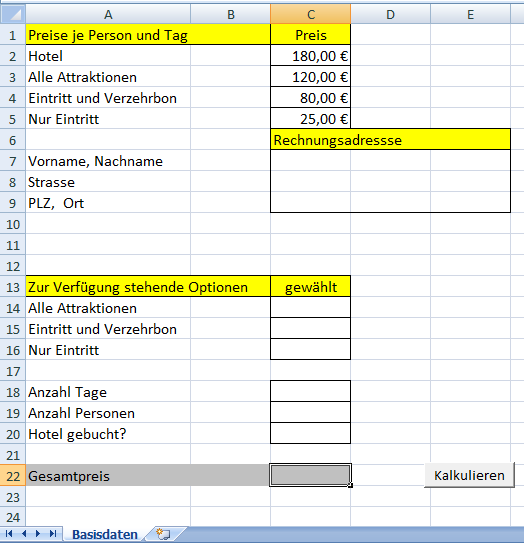 Abb. 1: Tabellenblatt Basisdaten Die im Tabellenblatt Basisdaten enthaltene Befehlsschaltfläche Kalkulieren dient dazu, ein Eingabeformular aufzurufen.