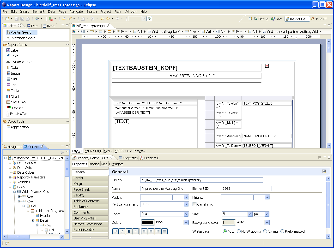 Wie sieht BIRT aus? Screenshot der BIRT Entwicklungsumgebung Die Entwicklungsumgebung verwendet Eclipse; das Fentsterlayout kann beliebig angepasst werden.