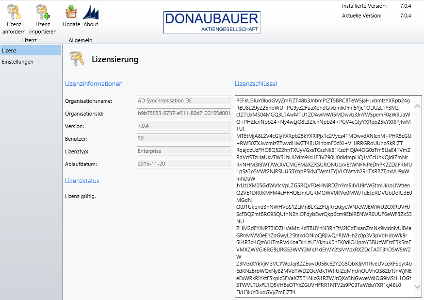 Im folgend angezeigten Fenster wird der Endbenutzer-Lizenzvertrag (EULA), den Sie mit der Installation der AD Synchronisation mit der Donaubauer Aktiengesellschaft eingehen, angezeigt.