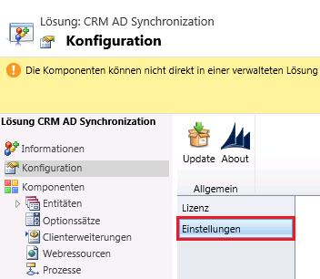 5. Nutzung der Active Directory Synchronisation Zum Starten der AD Synchronisation muss die Lösung crmadsyninterface mit einem Doppelklick geöffnet und die Konfigurationsseite ausgewählt werden.