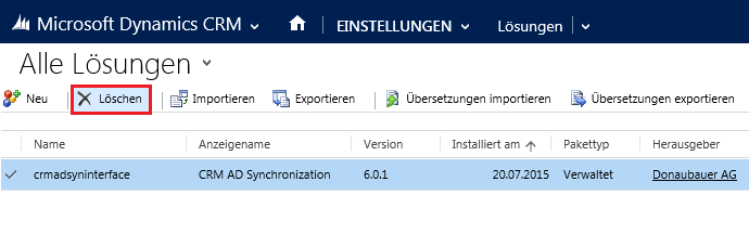 Nun müssen alle Crm AD Synchronization Systemaufträge ausgewählt und unter Weitere Aktionen die Funktion Abbrechen ausgeführt werden.