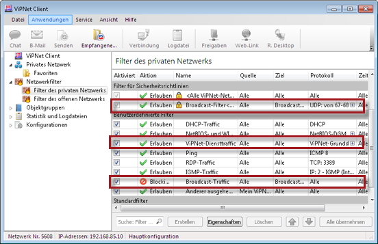 Abbildung 28. Anzeige der Broadcast-Filter in Version 4.x Priorität der Netzwerkfilter Im Programm ViPNet Monitor Version 4.