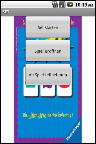 3.4 Das Spiel Startet ein Benutzer das Spiel SET auf seinem Smartphone, so öffnet sich ein Fenster gemäß Abbildung 54. Die drei Buttons spiegeln die in Kapitel 3.3 definierten Kernfunktionen wieder.