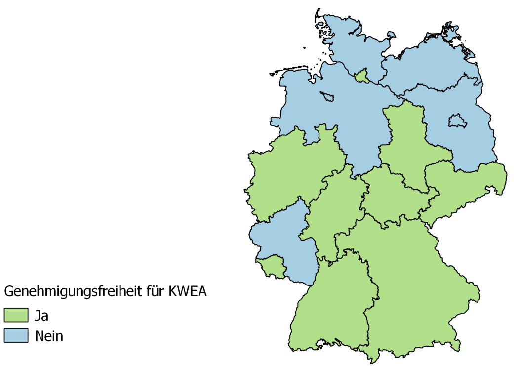 Abbildung 57: Genehmigungsfreiheit für KWEA in Deutschland (eigene Darstellung) Tabelle 20: Bundesländer, in denen KWEA bis 30 m als Anlagen der technischen Gebäudeausrüstung genehmigungsfrei