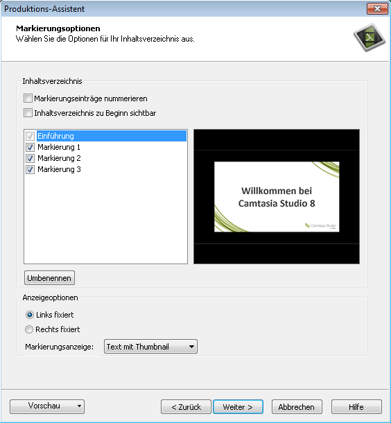 Markierungsoptionen (Anpassen des Inhaltsverzeichnisses) Um auf diese Optionen zuzugreifen, wählen Sie Camtasia Studio > Schaltfläche Produzieren und weitergeben > Benutzerdefinierte