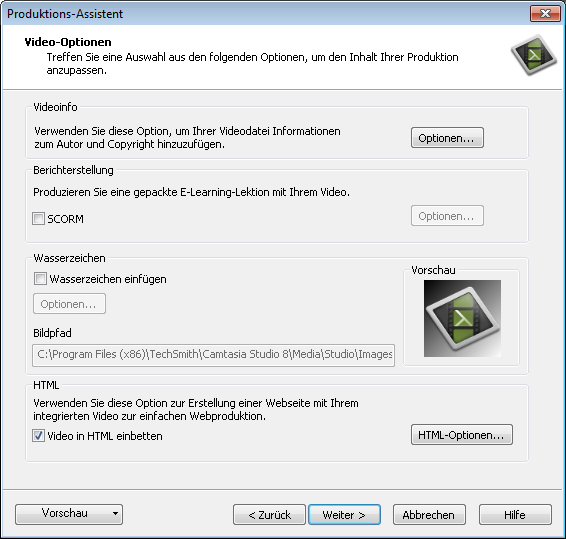 Produktions-Assistent: Videooptionen Um auf diese Optionen zuzugreifen, wählen Sie: Camtasia Studio > Schaltfläche Produzieren und weitergeben > Benutzerdefinierte Produktionseinstellungen > Weiter >