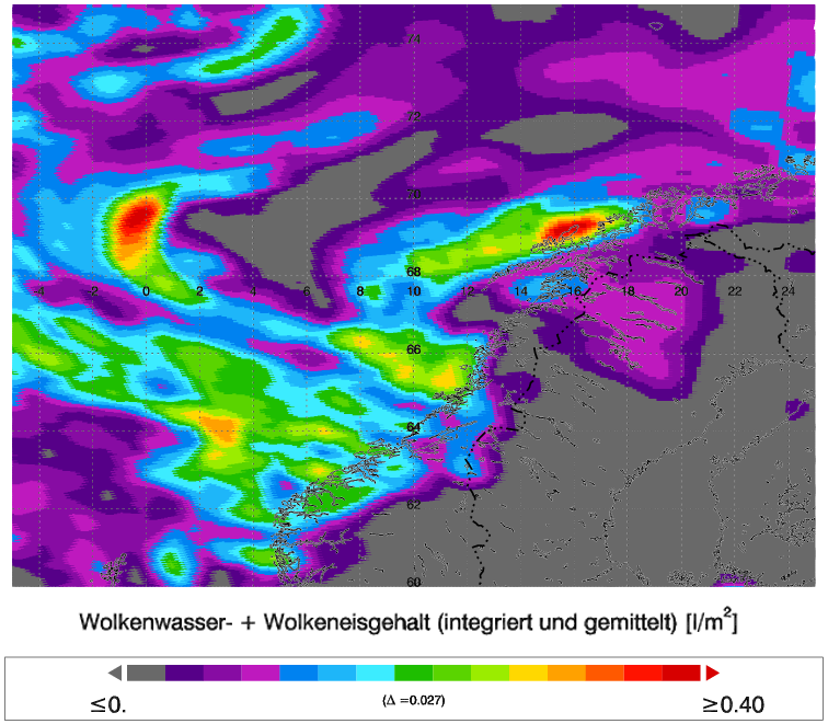 5.1 Polartief mit Spiralform (a) (b) Abbildung 5.8: 20.11.2008, 18 UTC: a) Bodendruck und b) Wolkenwasser- und Wolkeneisgehalt der Atmosphäre, COSMO-EU.