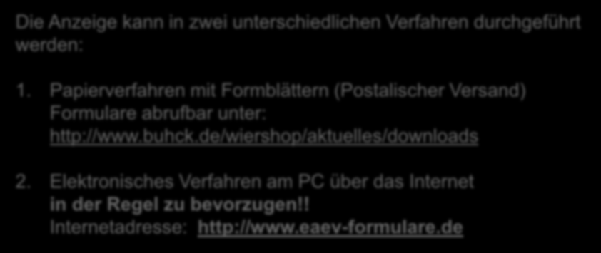 Praktische Umsetzung der AbfAEV Verfahren Die Anzeige kann in zwei unterschiedlichen Verfahren durchgeführt werden: 1.