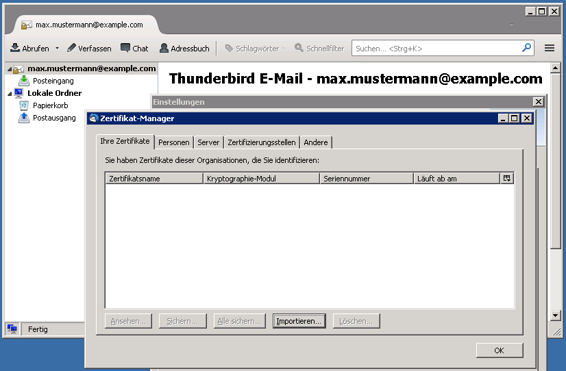 Wählen Sie das Ausstellerzertifikat und bestätigen mit OK. Installation des eigenen Zertifikates Thunderbird Dazu ist hier die aus dem Browser exportierte.