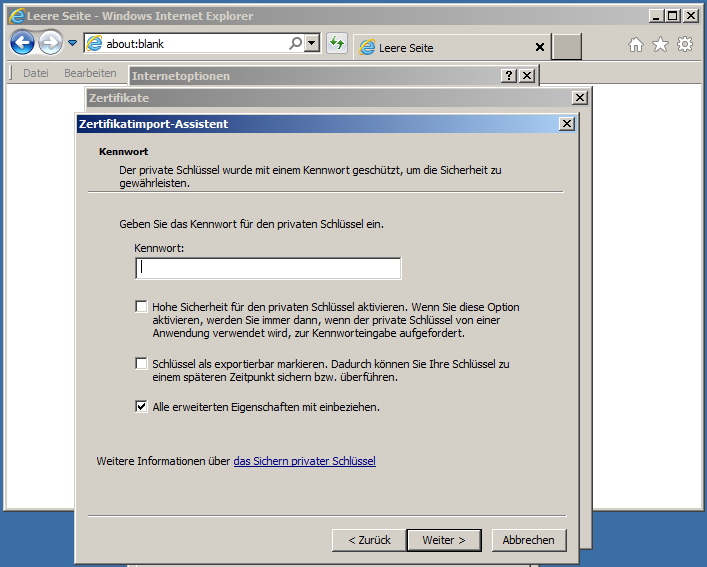 Outlook 2010 Im Internet Explorer wählen Sie Extras > Internetoptionen > Inhalte und klicken auf "Zertifikate".