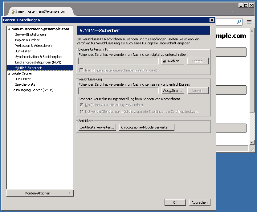 Einstellen der S/MIME-Sicherheit des Mailkontos Thunderbird Jetzt ist die Verknüpfung des Zertifikates mit dem Mailkonto