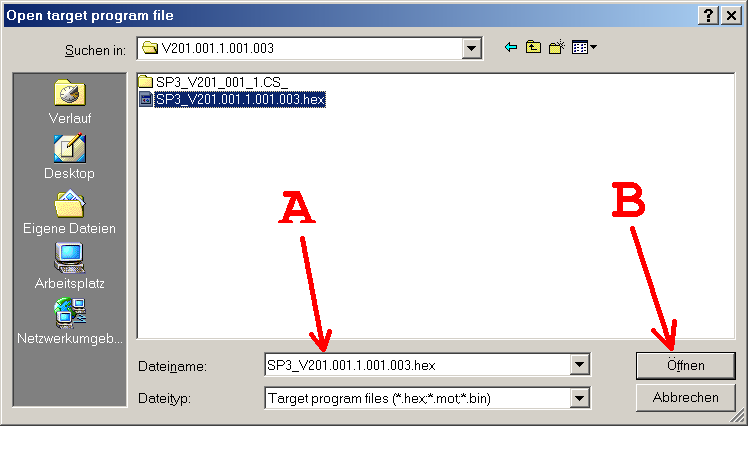 Benutzen Sie den Menü-Punkt File Open... von HEXLoad, um die Firmware-Datei (*.