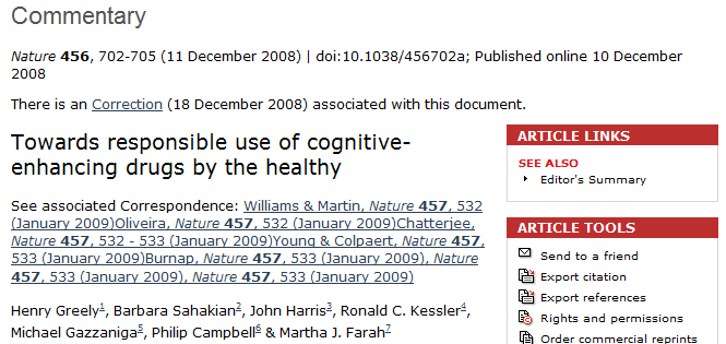 Die Elite äußert sich: Kommentar in Nature "Towards responsible use of cognitive-enhancing drugs