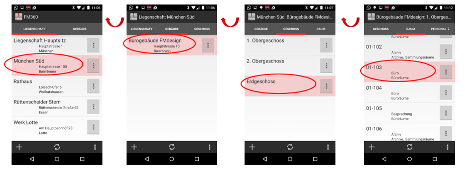 1.4 NAVIGATION 1.4.1 Navigation zwischen unterschiedlichen Standorten FM360 greift direkt auf die Konfiguration der Standortstruktur der Datenbank zu.