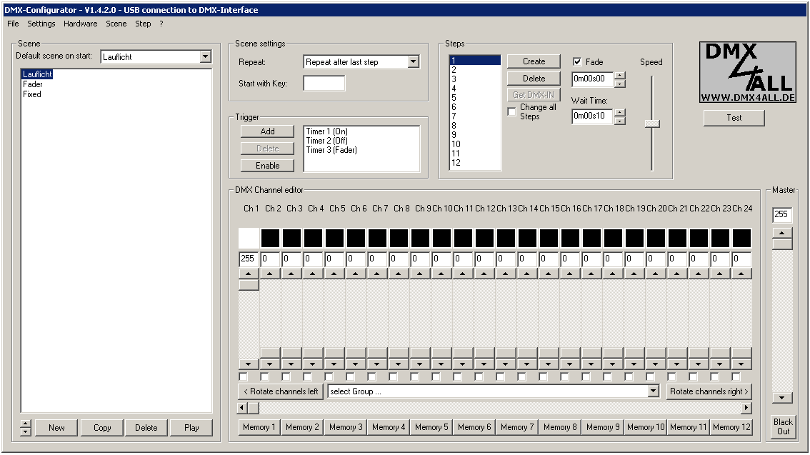 Stand-Alone-Funktion programmieren DMX-Player L 8 Der DMX-Player L verfügt über eine vom Benutzer programmierbare Stand-Alone- Funktion.