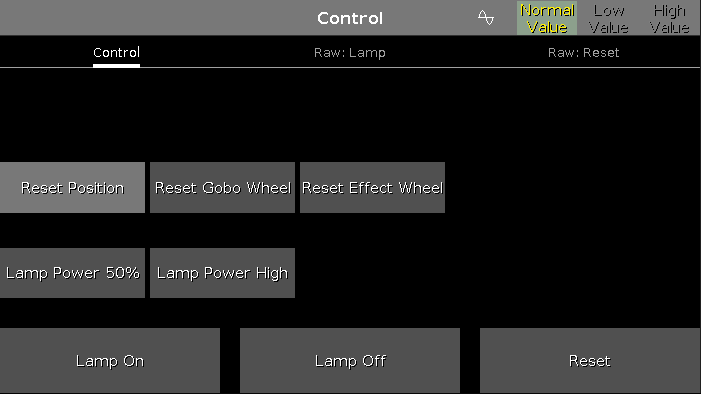 Control View Der Control View ist der erste Teil des Control Preset Type Views. Im Control View kontrollieren Sie die Control Kanäle für die ausgewählten Fixture Types.