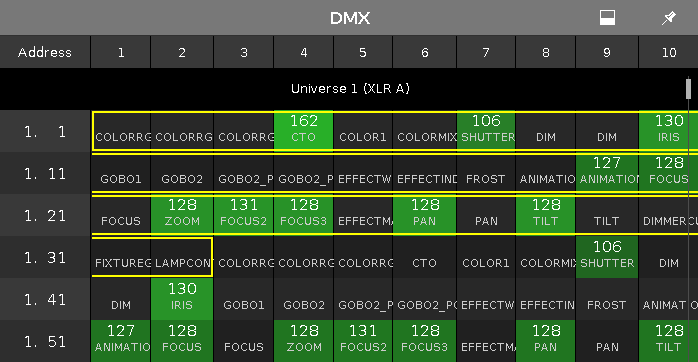 Wenn ein Attribut keinen DMX Output hat, ist der Wert 0 und das entsprechende Feld wird grau angezeigt.