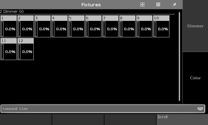Auf Screen 1 sollte nun folgender Fixtures View zu sehen sein: Jedes Rechteck ist ein Fixture. Der aktuelle Wert beträgt 0%, das heißt sie sind ausgeschaltet. Dieser Wert ist der Standard Wert.
