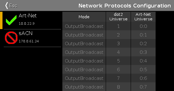 7.38. Netzwerk Protokolle konfigurieren Fenster Um die Netzwerk Protokolle Konfiguration zu öffnen, drücken Sie Setup und tippen Sie in der Spalte DMX/Netzwerk auf Netzwerk Protokolle.