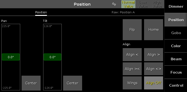 Der Position Preset Type View ist in die Bereiche Position View und Direkt Position View aufgeteilt. Um den Position Effects View auf Screen 1 zu öffnen, tippen Sie in der Titelleiste.