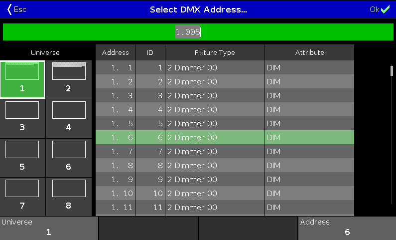 Tippen Sie "Neue Fixtures hinzufügen" und wählen Sie im letzten Feld "Patch" den Softkey "Wählen...". Das DMX Adresse wählen... Fenster wird geöffnet.
