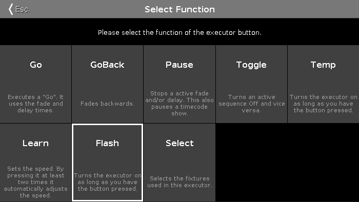 Konsole. Normaler Executor Button Wenn der ausgewählte Executor ein normaler Executor ist, der eine Cue Liste enthält, gibt es sieben verschiedene Funktionen zur Auswahl.