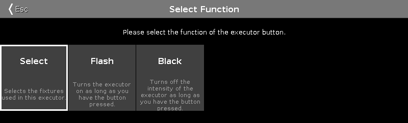 Group Master Wenn der ausgewählte Executor ein Group Master ist, gibt es drei verschiedene Funktionen zur Auswahl. Select: Wählt alle Fixtures aus, die in der entsprechenden Gruppe gespeichert sind.