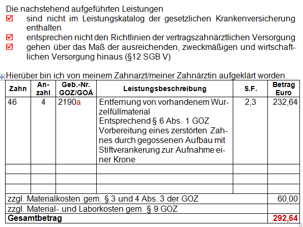 Leistungen außerhalb der GKV Entfernen von definitiven