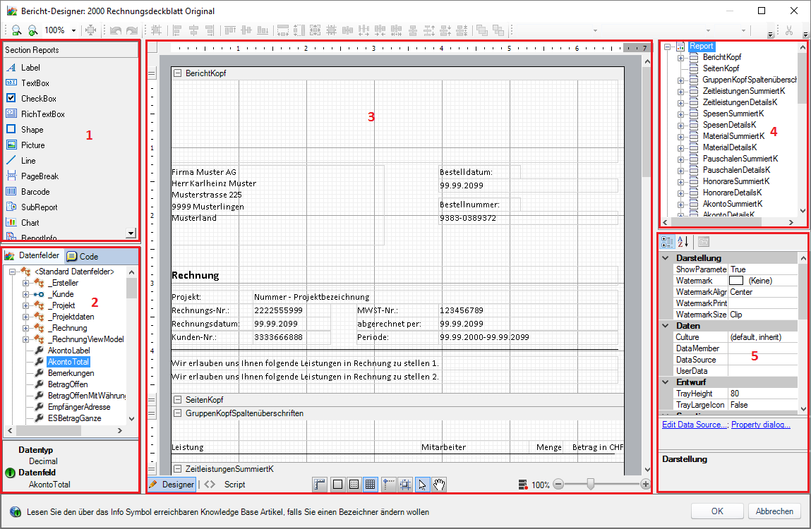 2.1 Übersicht Der Bericht-Designer ist unterteilt in verschiedene Bereiche. 1. Werkzeug-Bereich mit verfügbaren Controls 2.