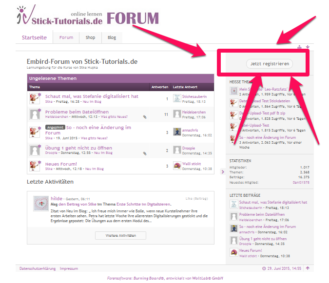 Die meisten Bereiche des Forums von Stick-Tutorials.de sind für alle Leser zugänglich.