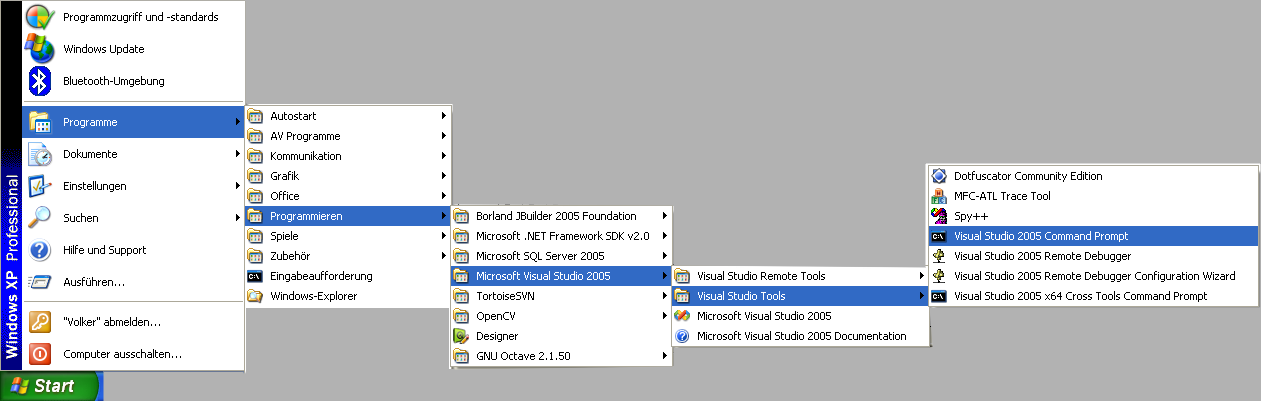 -> Visual Studio Tools -> Visual Studio 2005 Command Prompt Abbildung 1: Starten der Visual Studio Konsole Auf der sich öffnenden Kommandozeile wechselt man nun in das Verzeichnis der Qt