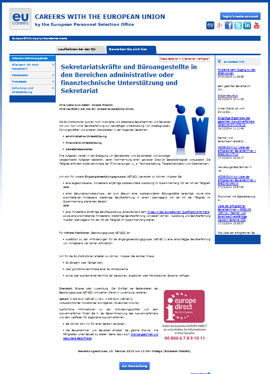 EPSO/AST-SC/03/2015 - Sekretariatskräfte/ Büroangestellte Bewerbungsverfahren Leitfaden für Bewerber/-innen 1. Beginnen Sie das Bewerbungsverfahren auf support-staff.eu-careers.