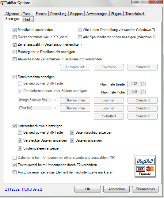 Abbildung 8 - Button Optionen Menüleiste ausblenden Abbildung 9 - QTTabBar Optionen, Reiter Sonstiges In den Optionseinstellungen finden Sie unter dem Reiter Sonstiges ganz oben eine Checkbox