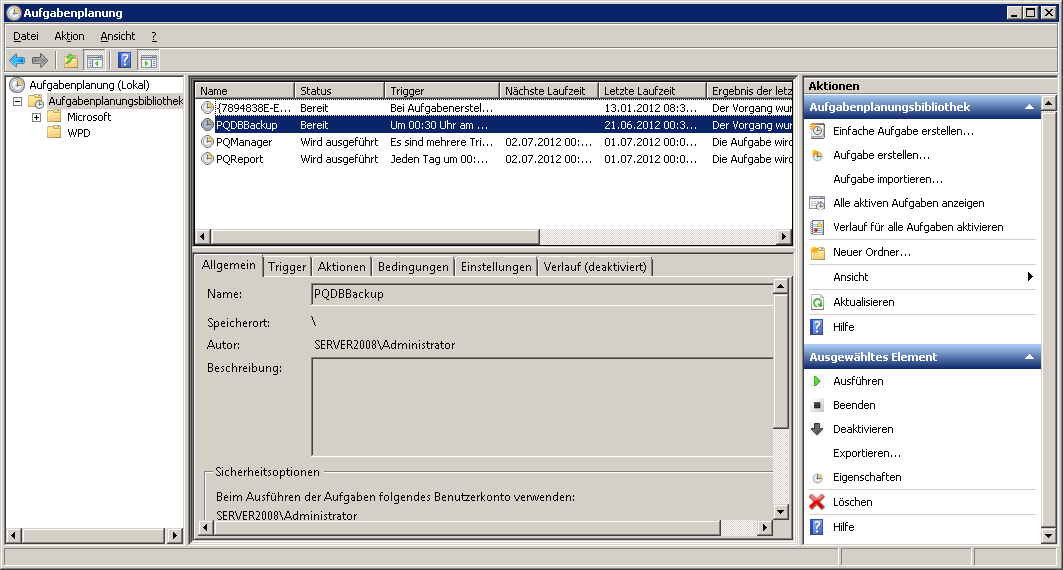 9.3 Einrichtung der Hintergrundprozesse aus der WinPQ In der WinPQ gibt es die Möglichkeit die Hintergrundprozesse auch manuell am WinPQ-Server einzurichten. Sie finden unter anderem z.b. in der Systemverwaltung unter Automatische Reports einen Button Geplanten Task.